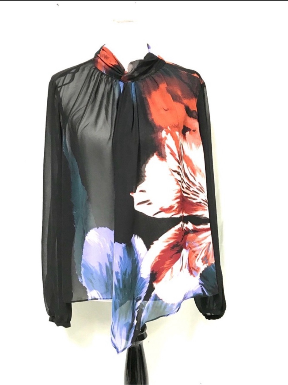 Jennifer Lopez Black Floral Print Blouse with Red and Blue Accents
